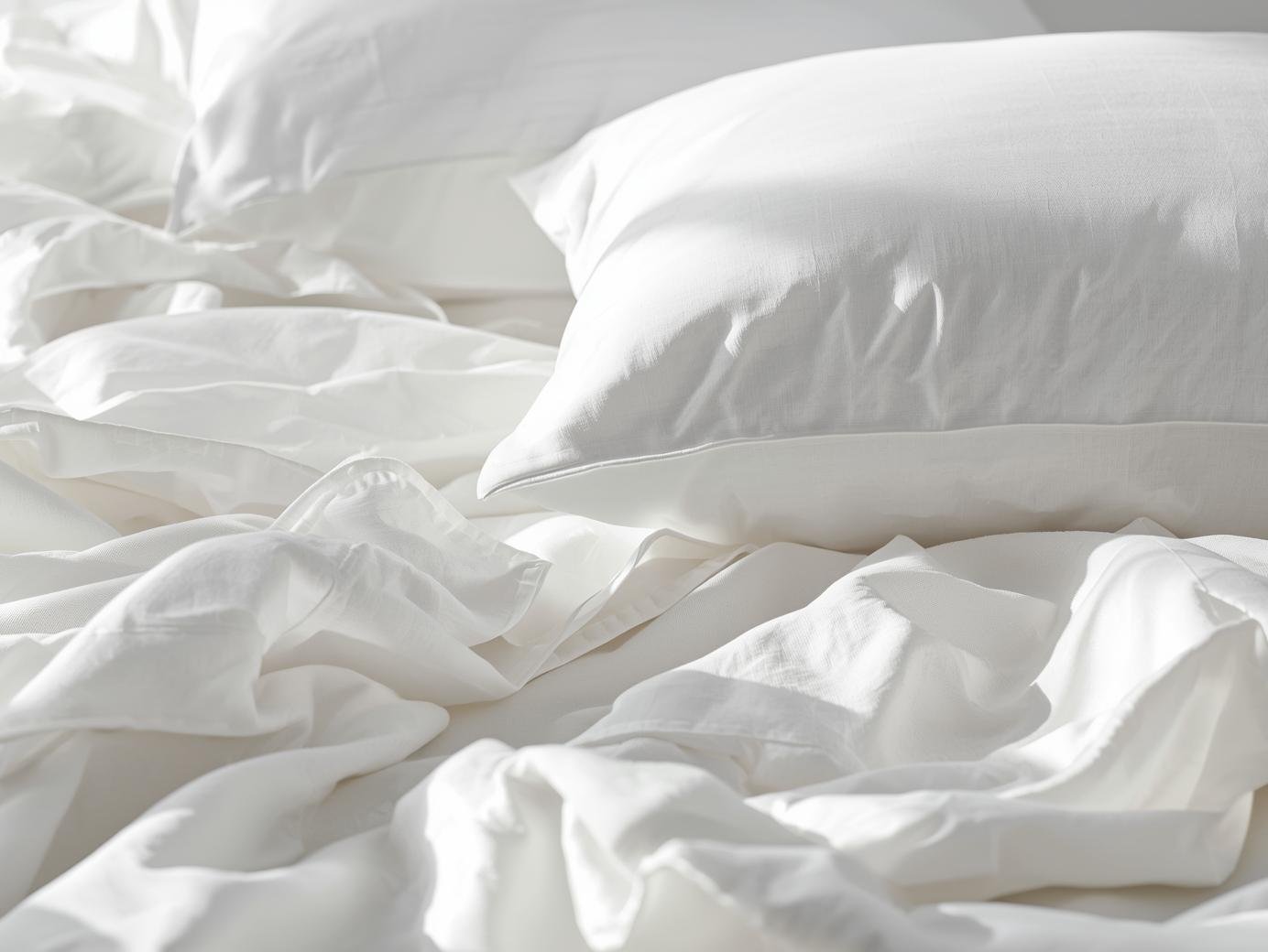 White pillow resting on softly rumpled bedding in natural light